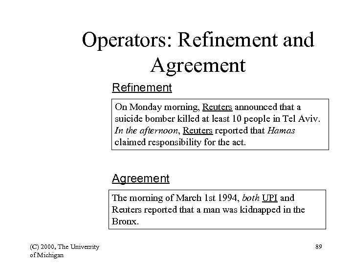 Operators: Refinement and Agreement Refinement On Monday morning, Reuters announced that a suicide bomber