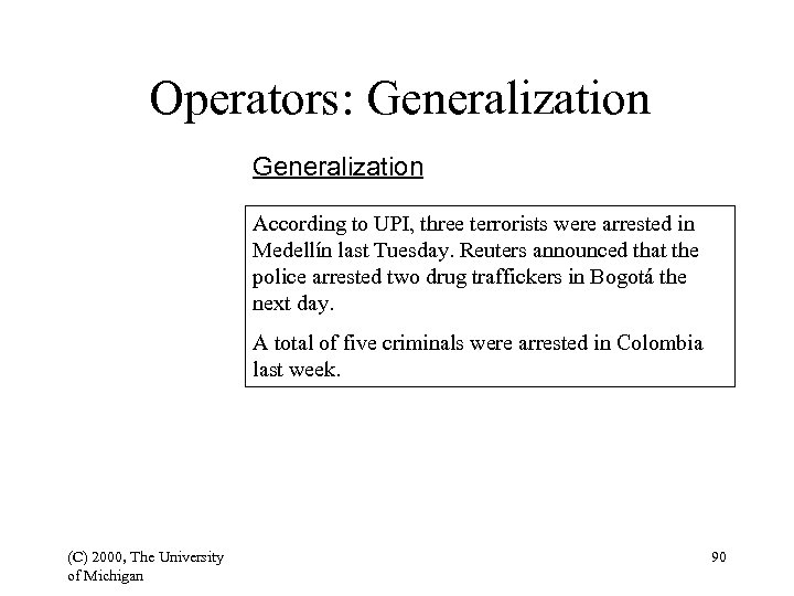 Operators: Generalization According to UPI, three terrorists were arrested in Medellín last Tuesday. Reuters