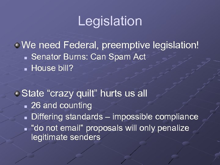 Legislation We need Federal, preemptive legislation! n n Senator Burns: Can Spam Act House