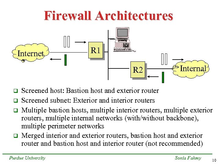 Firewall Architectures Internet R 1 R 2 q q Internal Screened host: Bastion host