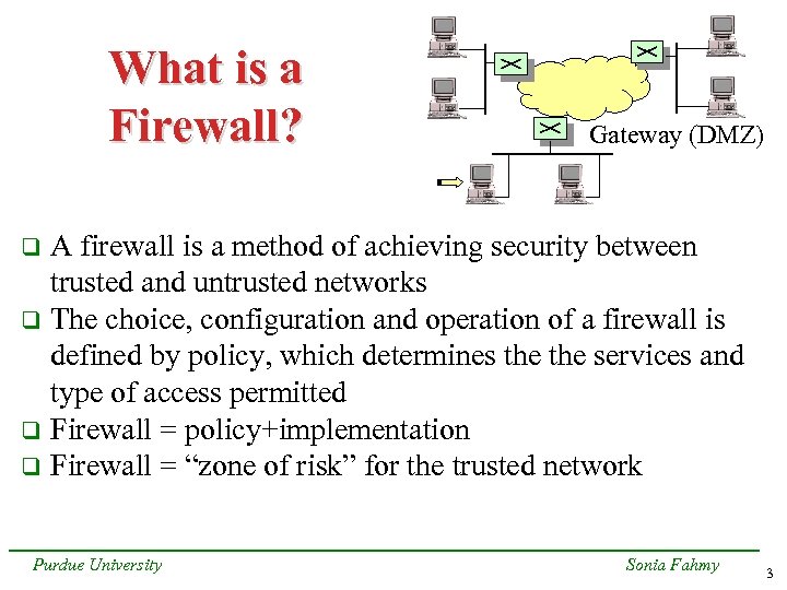 What is a Firewall? Gateway (DMZ) A firewall is a method of achieving security