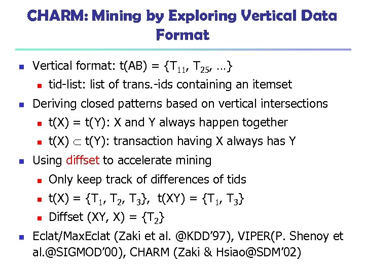 CHARM: Mining by Exploring Vertical Data Format n Vertical format: t(AB) = {T 11,