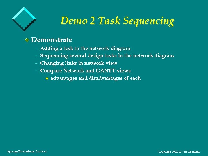 Demo 2 Task Sequencing v Demonstrate – Adding a task to the network diagram