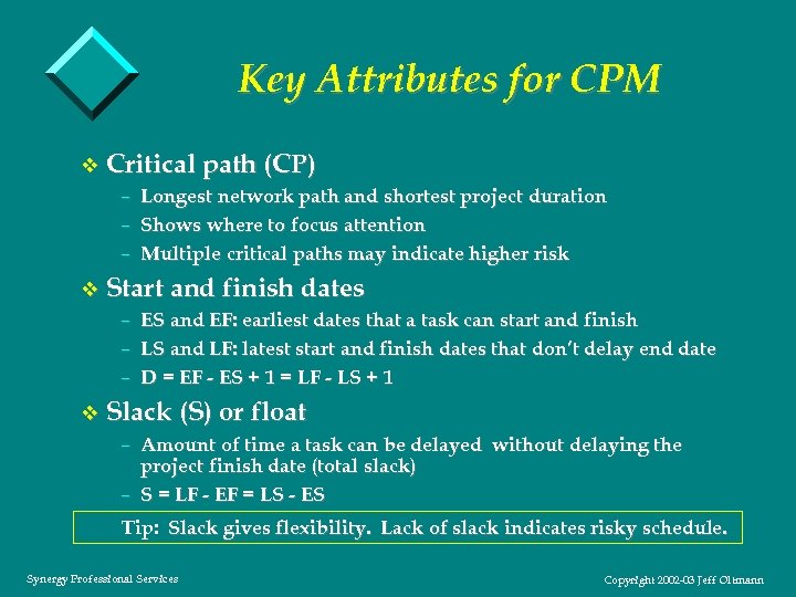 Key Attributes for CPM v Critical path (CP) – Longest network path and shortest
