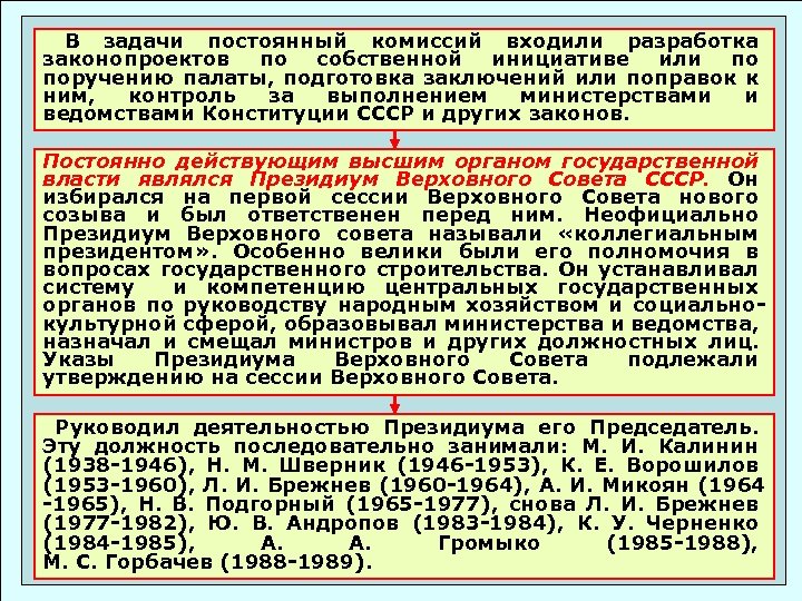 В задачи постоянный комиссий входили разработка законопроектов по собственной инициативе или по поручению палаты,