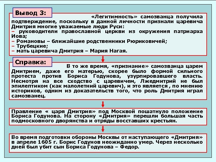 Вывод 3: «Легитимность» самозванца получила подтверждение, поскольку в данной личности признали царевича Дмитрия многие