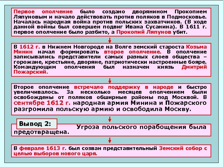 Первое ополчение было создано дворянином Прокопием Ляпуновым и начало действовать против поляков в Подмосковье.