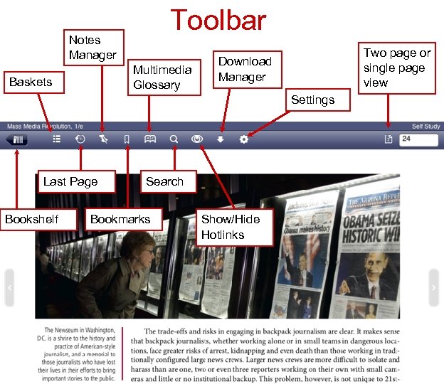 Toolbar Notes Manager Multimedia Glossary Baskets Two page or single page view Download Manager