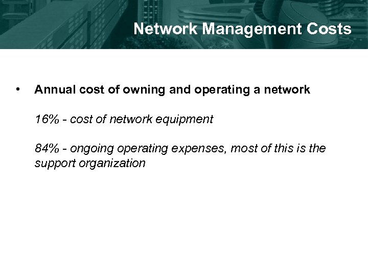 Network Management Costs • Annual cost of owning and operating a network 16% -