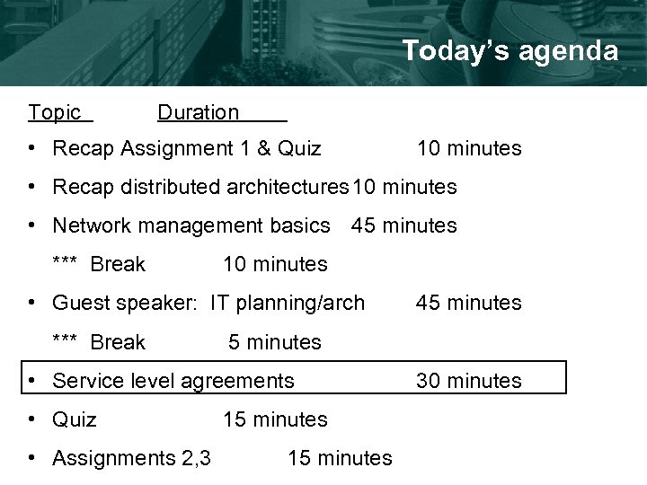 Today’s agenda Topic Duration • Recap Assignment 1 & Quiz 10 minutes • Recap