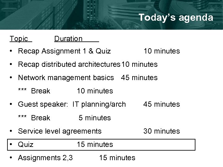 Today’s agenda Topic Duration • Recap Assignment 1 & Quiz 10 minutes • Recap