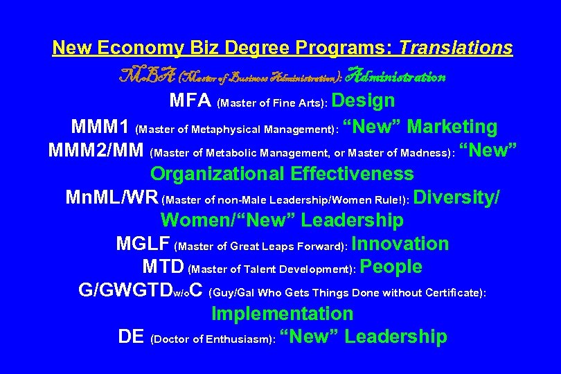 New Economy Biz Degree Programs: Translations MBA (Master of Business Administration): Administration MFA (Master