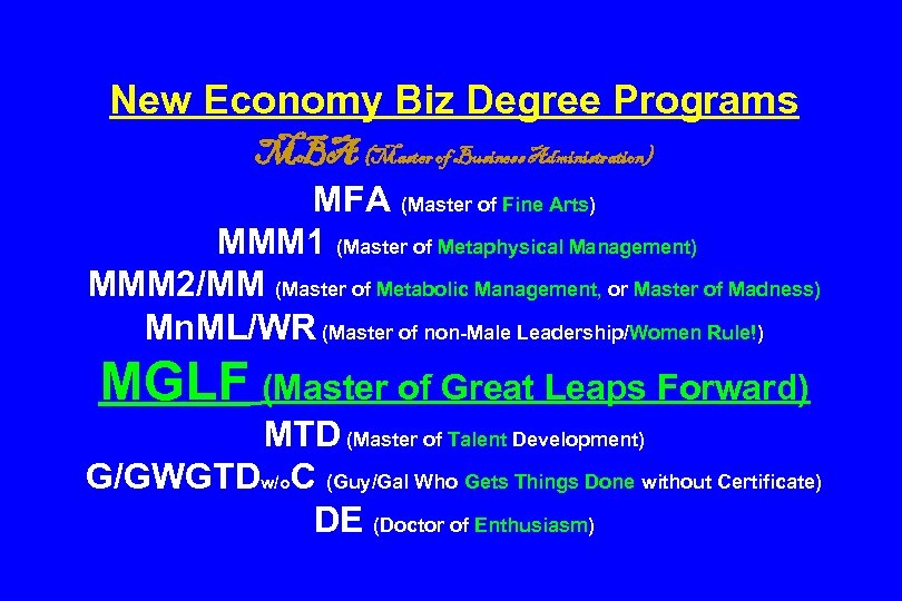 New Economy Biz Degree Programs MBA (Master of Business Administration) MFA (Master of Fine