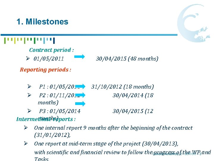 1. Milestones Contract period : Ø 01/05/2011 30/04/2015 (48 months) Reporting periods : P