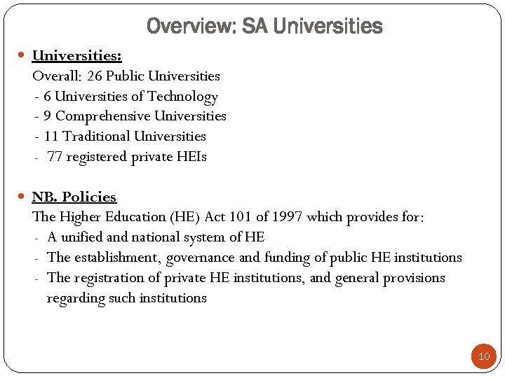 Overview: SA Universities: Overall: 26 Public Universities - 6 Universities of Technology - 9