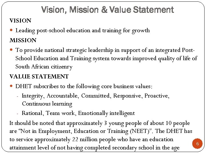 Vision, Mission & Value Statement VISION Leading post-school education and training for growth MISSION
