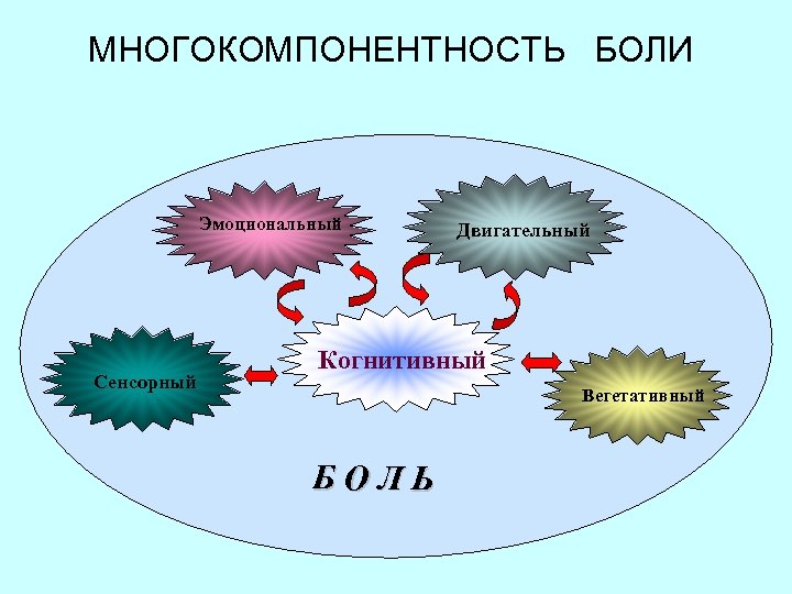 МНОГОКОМПОНЕНТНОСТЬ БОЛИ Эмоциональный Сенсорный Двигательный Когнитивный Вегетативный БОЛЬ 