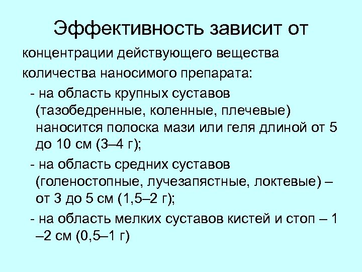 Эффективность зависит от концентрации действующего вещества количества наносимого препарата: - на область крупных суставов