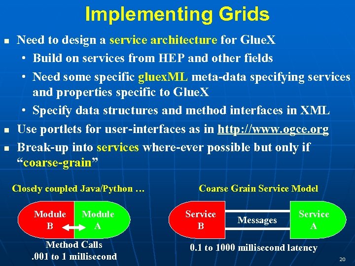 Implementing Grids n n n Need to design a service architecture for Glue. X