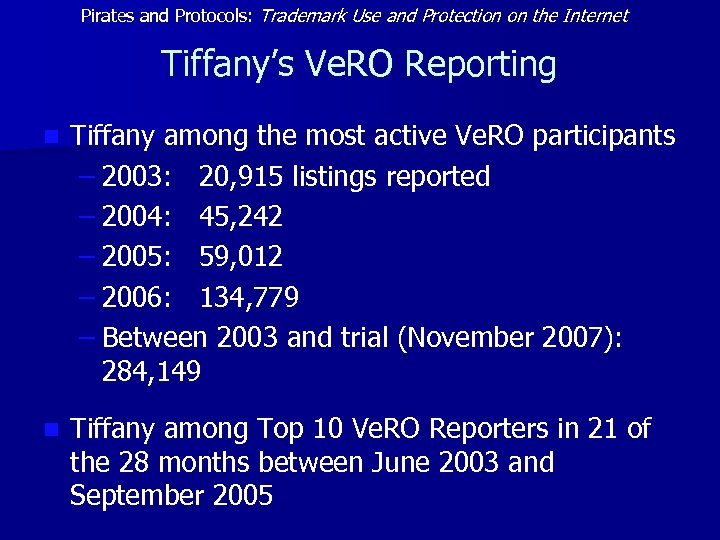 Pirates and Protocols: Trademark Use and Protection on the Internet Tiffany’s Ve. RO Reporting