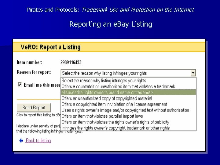 Pirates and Protocols: Trademark Use and Protection on the Internet Reporting an e. Bay