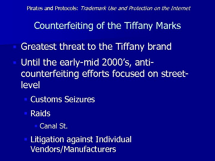 Pirates and Protocols: Trademark Use and Protection on the Internet Counterfeiting of the Tiffany