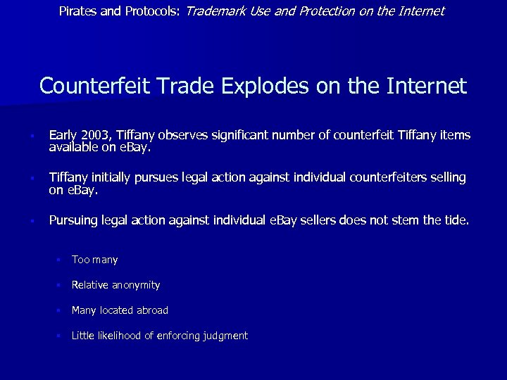 Pirates and Protocols: Trademark Use and Protection on the Internet Counterfeit Trade Explodes on