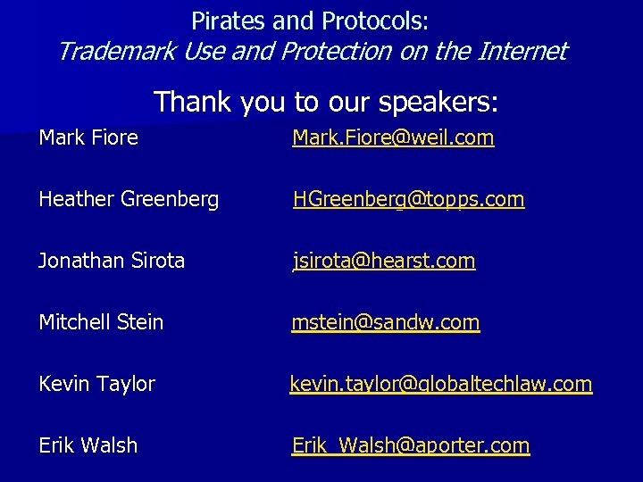 Pirates and Protocols: Trademark Use and Protection on the Internet Thank you to our