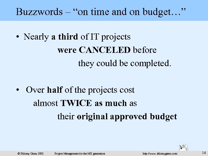 Buzzwords – “on time and on budget…” • Nearly a third of IT projects