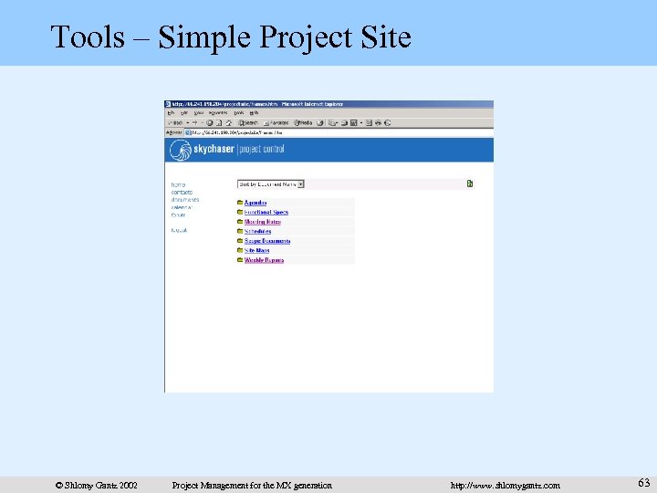 Tools – Simple Project Site © Shlomy Gantz 2002 Project Management for the MX