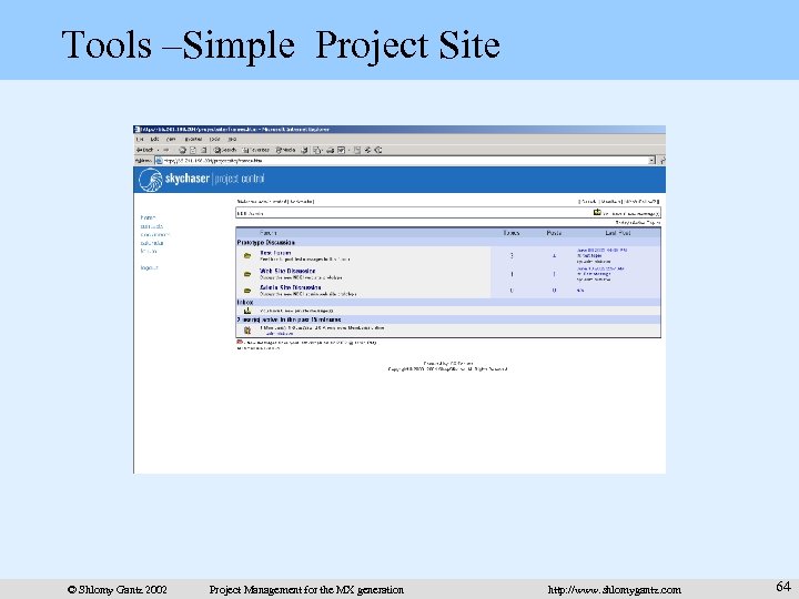 Tools –Simple Project Site © Shlomy Gantz 2002 Project Management for the MX generation