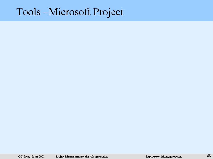 Tools –Microsoft Project © Shlomy Gantz 2002 Project Management for the MX generation http: