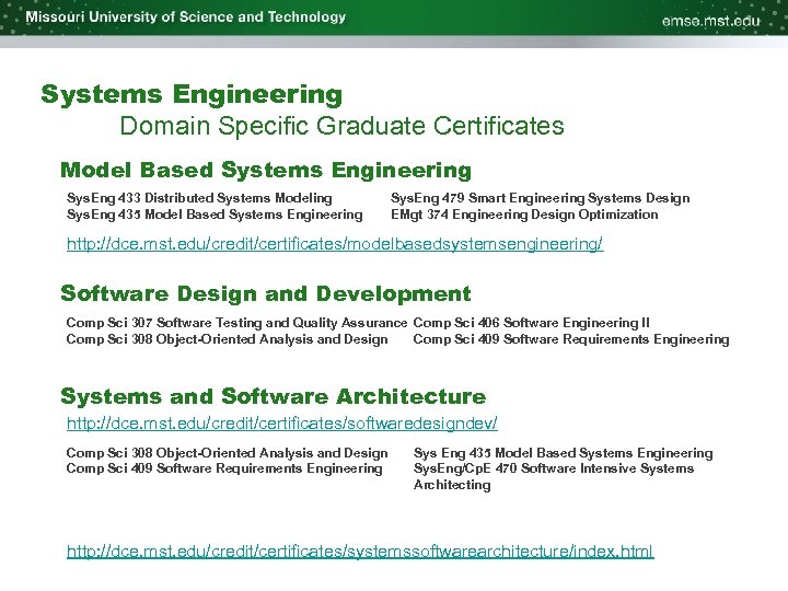 Systems Engineering Domain Specific Graduate Certificates Model Based Systems Engineering Sys. Eng 433 Distributed