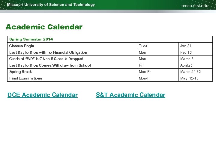 Academic Calendar Spring Semester 2014 Classes Begin Tues Jan 21 Last Day to Drop