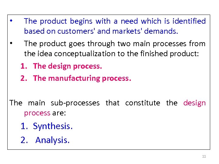 The product begins with a need which is identified based on customers' and markets'