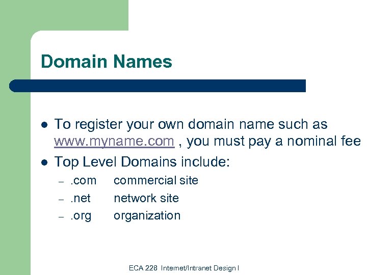 Domain Names l l To register your own domain name such as www. myname.