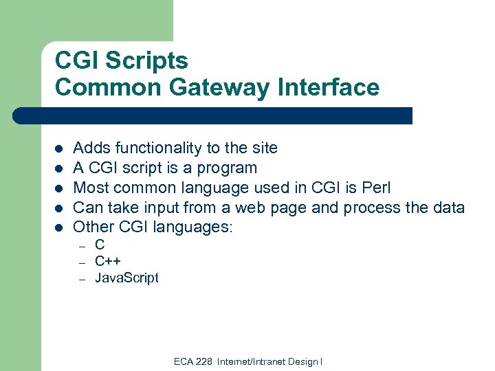 CGI Scripts Common Gateway Interface l l l Adds functionality to the site A
