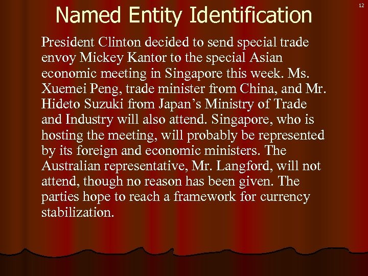 Named Entity Identification President Clinton decided to send special trade envoy Mickey Kantor to