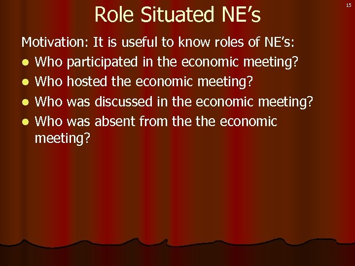 Role Situated NE’s Motivation: It is useful to know roles of NE’s: l Who