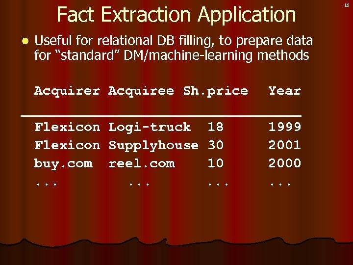 Fact Extraction Application l Useful for relational DB filling, to prepare data for “standard”