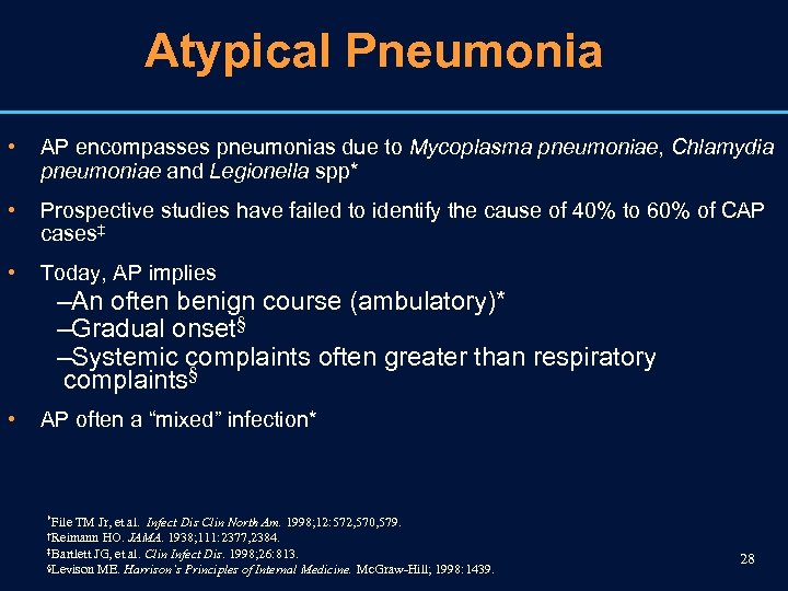 Atypical Pneumonia • AP encompasses pneumonias due to Mycoplasma pneumoniae, Chlamydia pneumoniae and Legionella