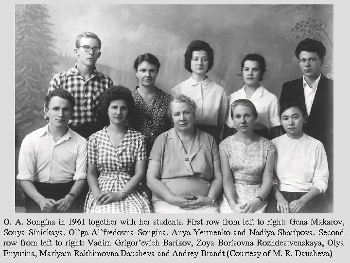 O. A. Songina in 1961 together with her students. First row from left to