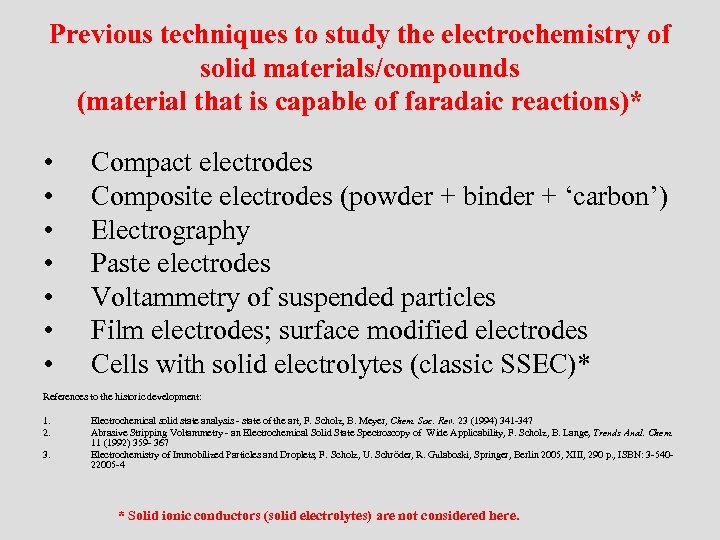 Previous techniques to study the electrochemistry of solid materials/compounds (material that is capable of