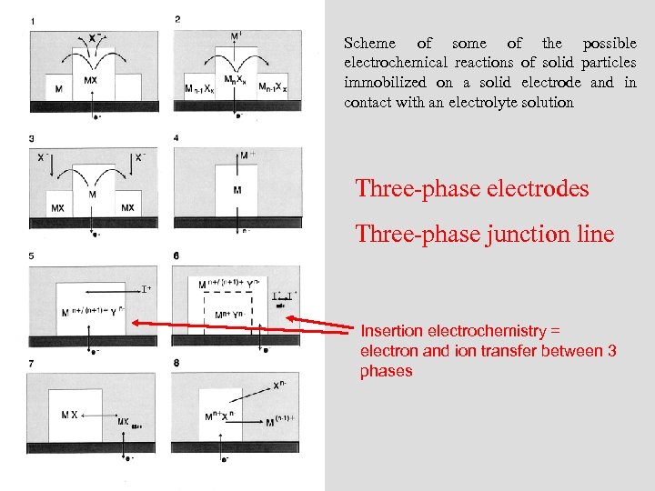 Scheme of some of the possible electrochemical reactions of solid particles immobilized on a
