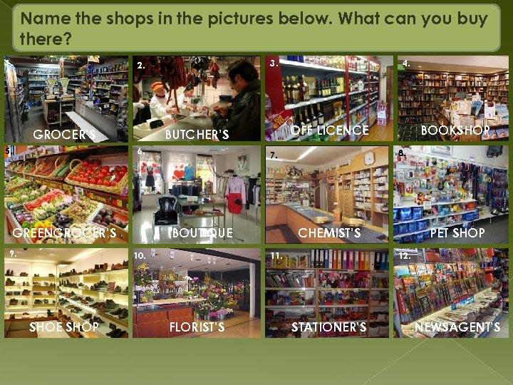 Name the shops in the pictures below. What can you buy there? 1. 3.