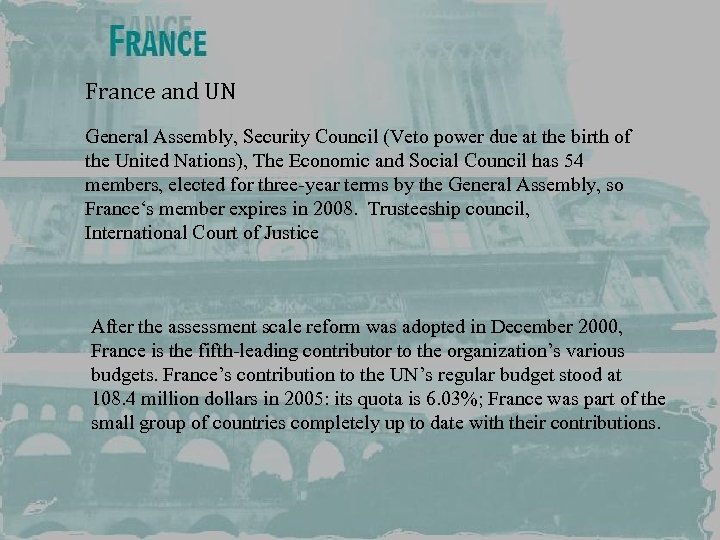 France and UN General Assembly, Security Council (Veto power due at the birth of