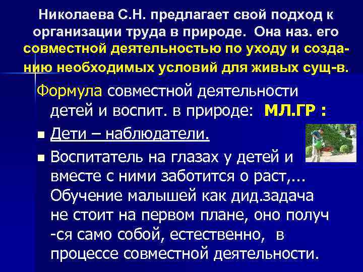 Николаева С. Н. предлагает свой подход к организации труда в природе. Она наз. его