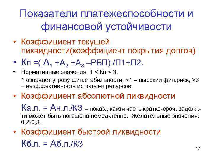 Показатели платежеспособности и финансовой устойчивости • Коэффициент текущей ликвидности(коэффициент покрытия долгов) • Кп =(