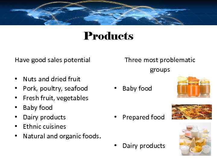Products Have good sales potential • • Nuts and dried fruit Pork, poultry, seafood
