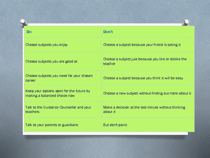  Do Don't Choose subjects you enjoy Choose a subject because your friend is